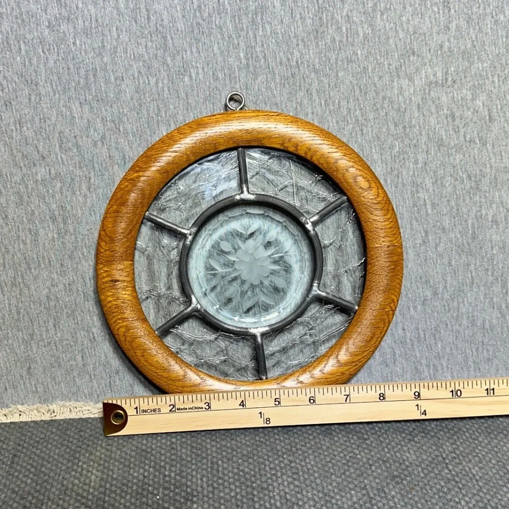 VTG Etched Glass Suncatcher Round Oak Wood Frame Floral Leaded Window Art 8
